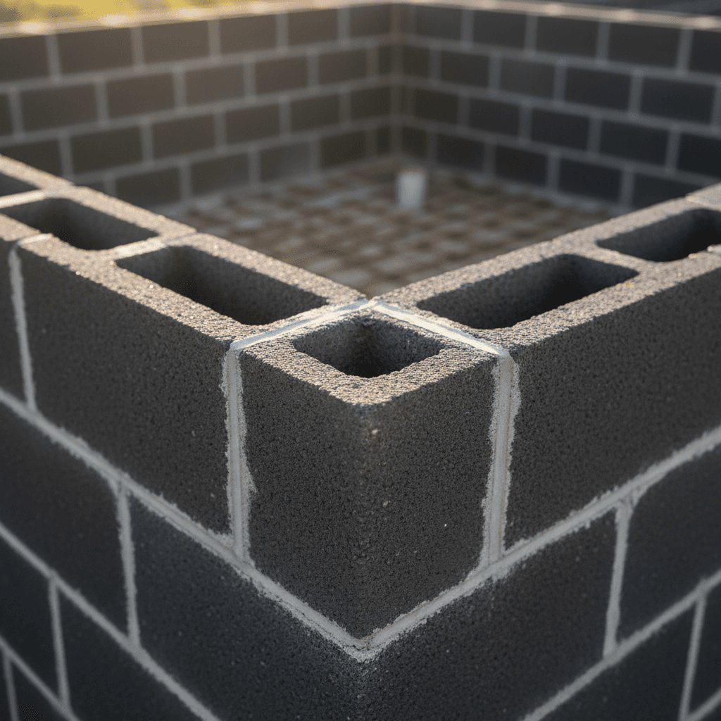 Concrete foundation corner showing precise mortar lines and structural craftsmanship