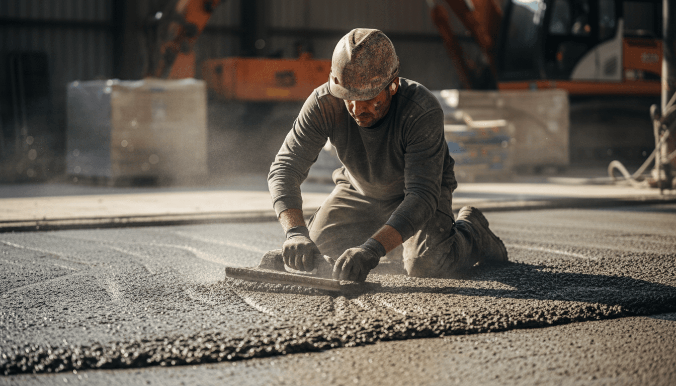 Cason Campbell smoothing freshly poured concrete at a job site in Georgetown