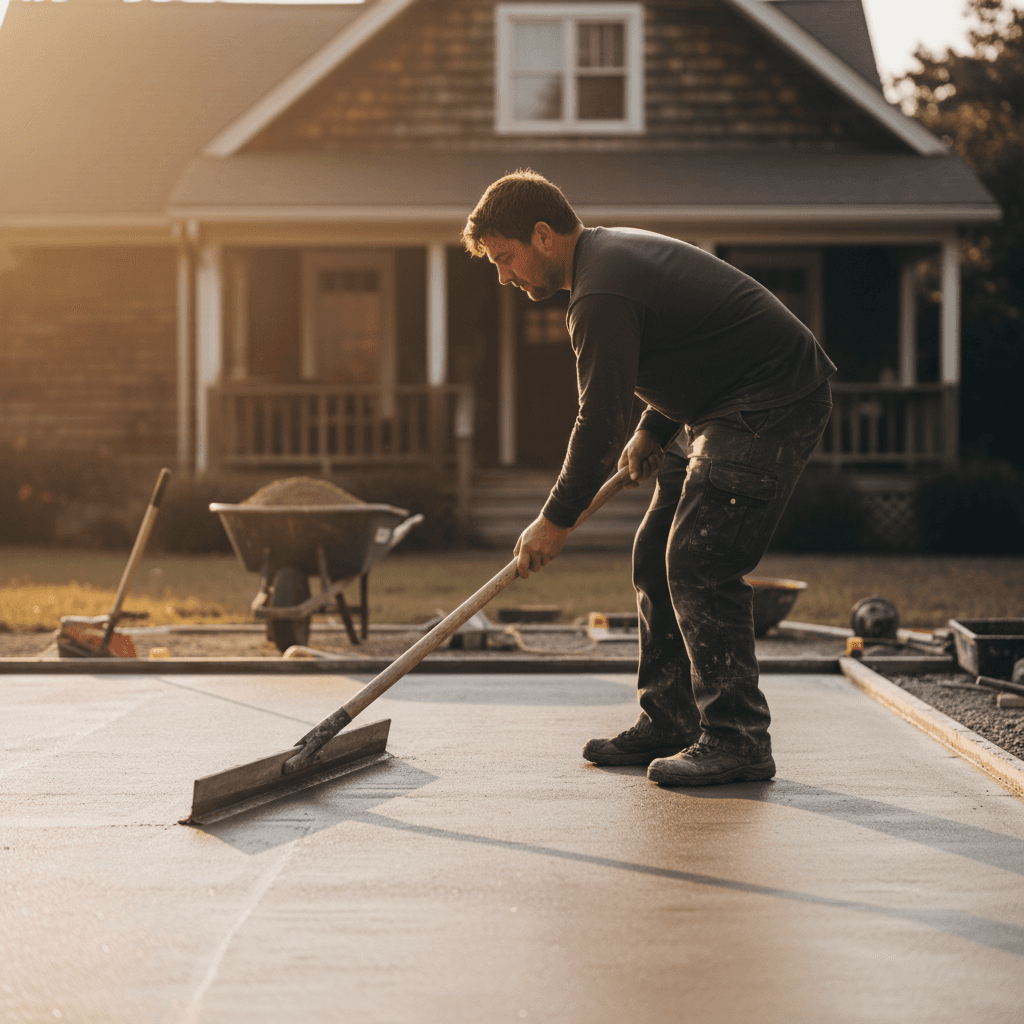 Concrete contractor finishing a patio surface with professional trowel technique