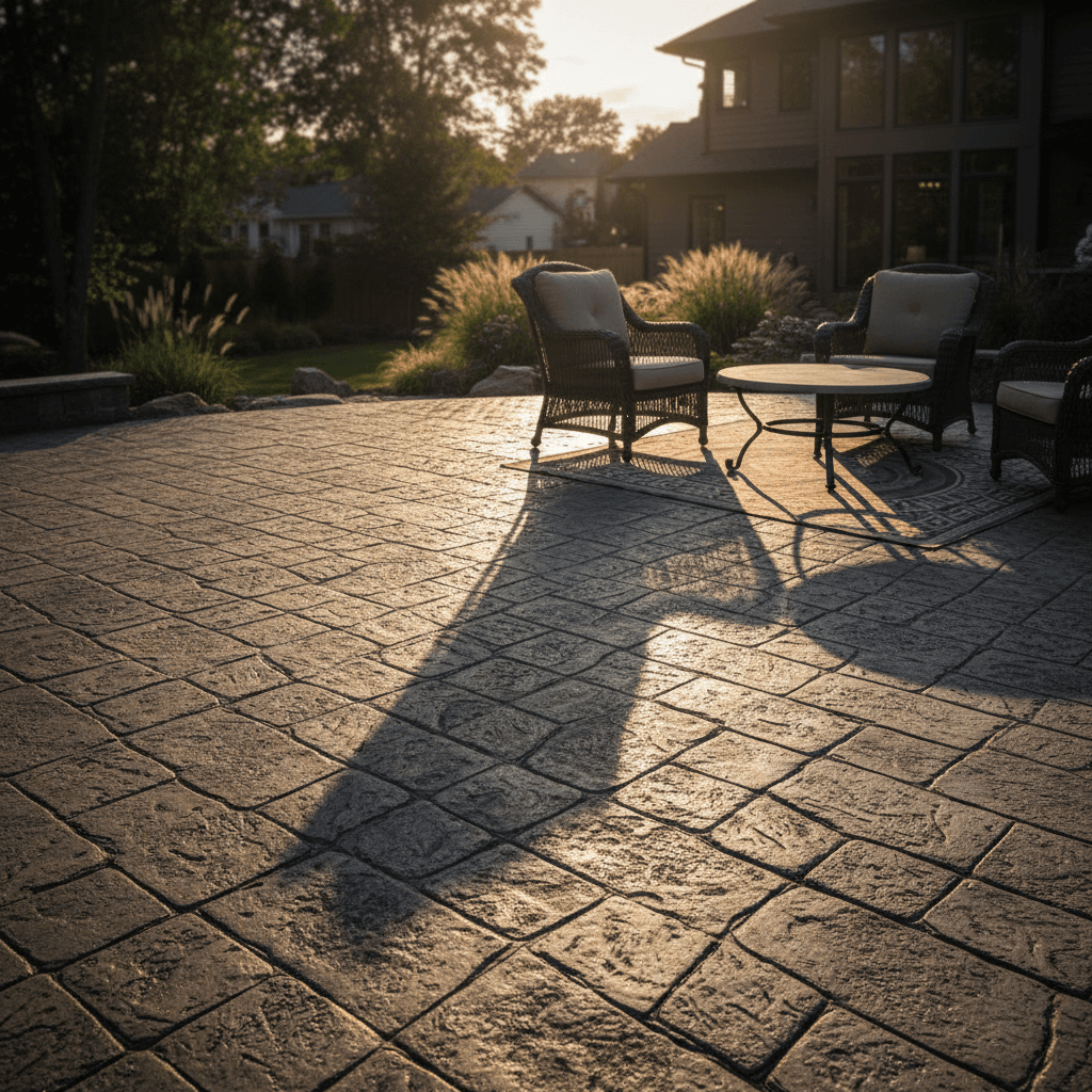Stamped decorative concrete patio showing professional pattern work and finish quality
