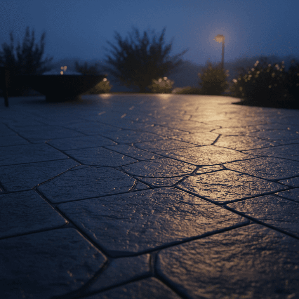 Decorative stamped concrete patio with professional finishing and lighting