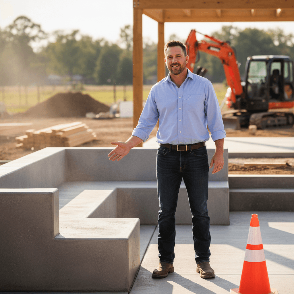 Cason Campbell with completed concrete project demonstrating craftsmanship