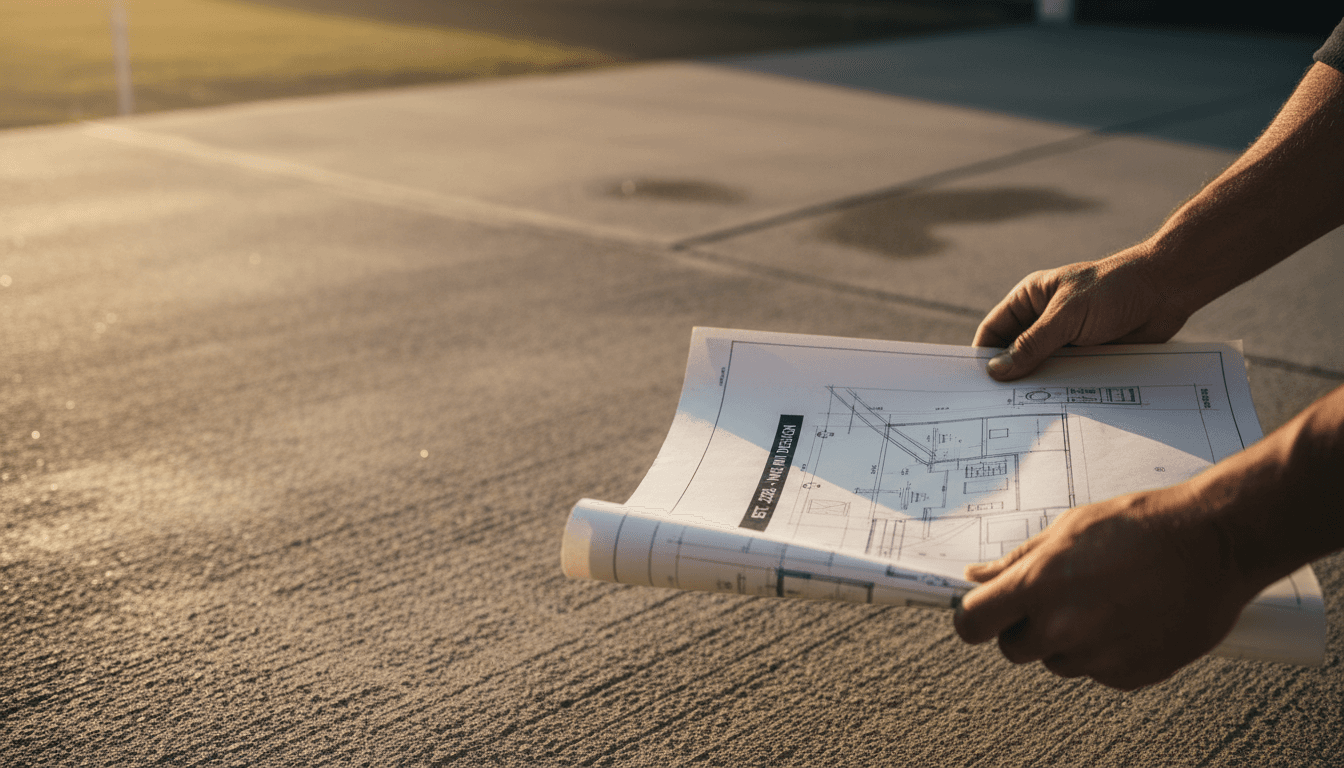 Contractor hands reviewing concrete project plans