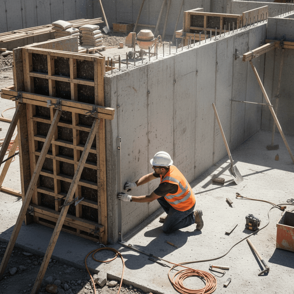 Concrete foundation under construction with worker checking measurements