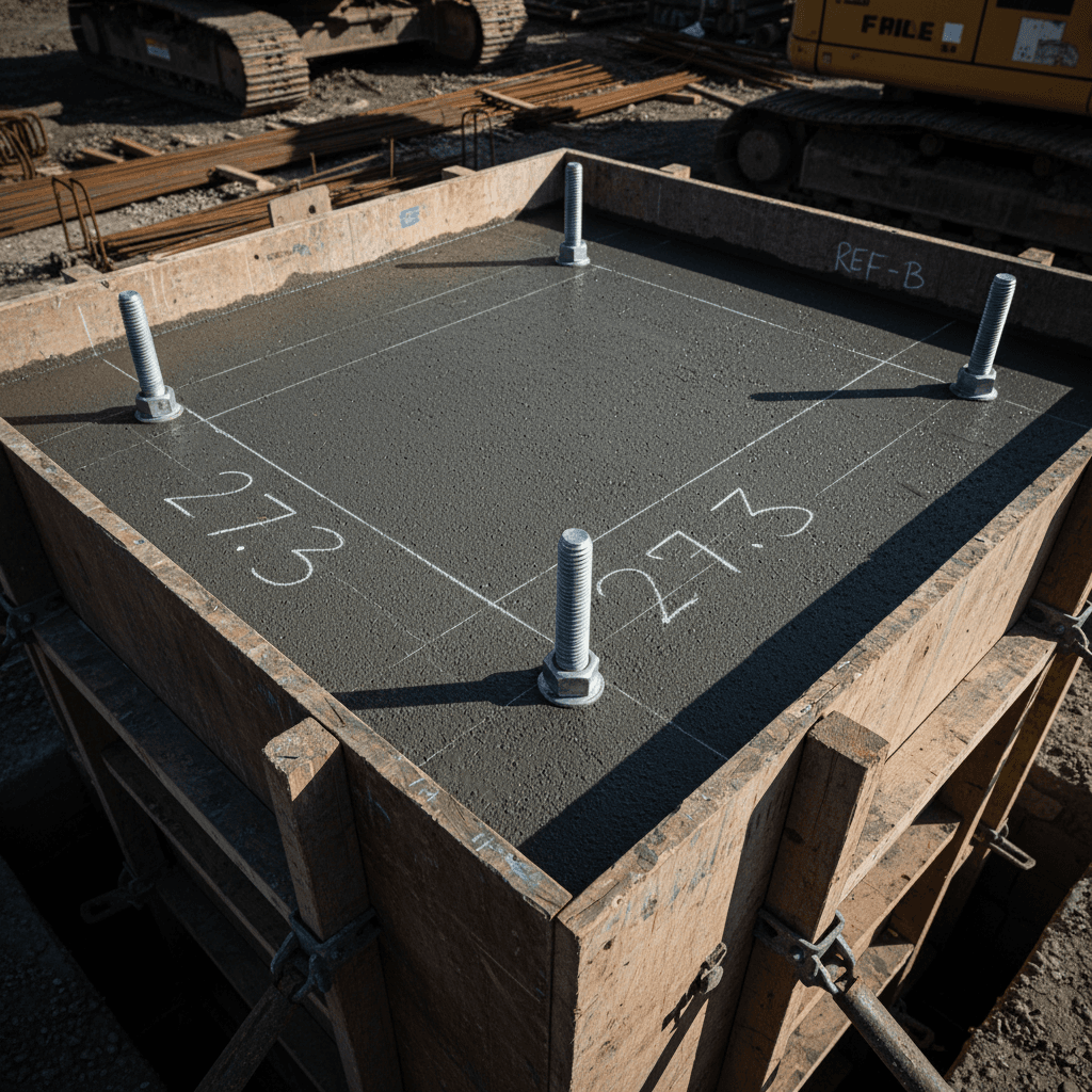 Concrete foundation with anchor bolts and formwork