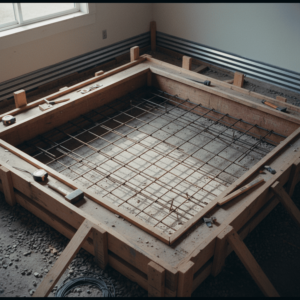 Concrete slab framework showing precise layout and reinforcement installation